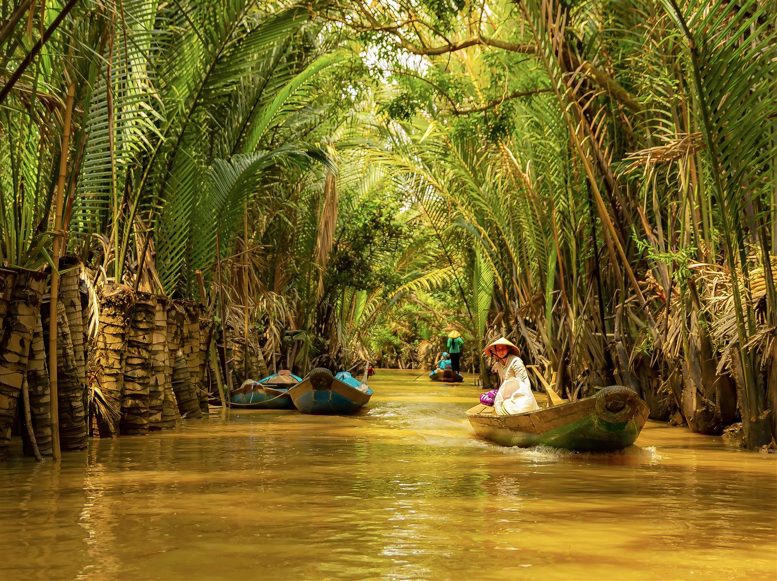 Floating market boats on the Mekong Delta