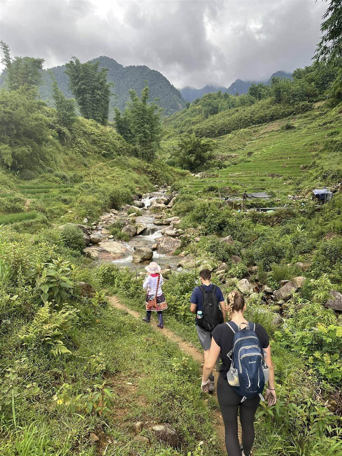 Line of trekkers following a local guide along a misty mountain trail