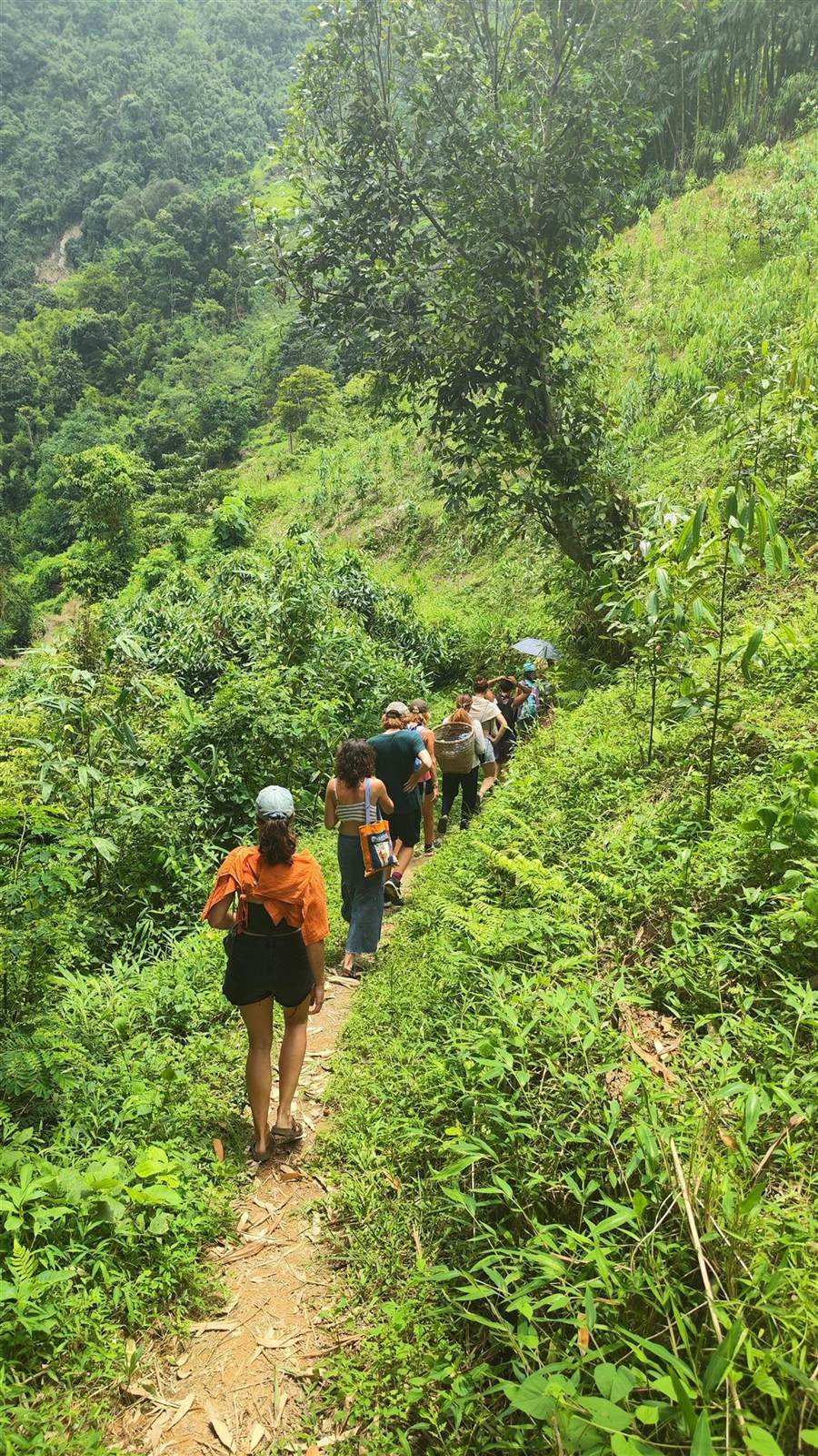 Travelers walking a rural trail alongside a local H'mong guide