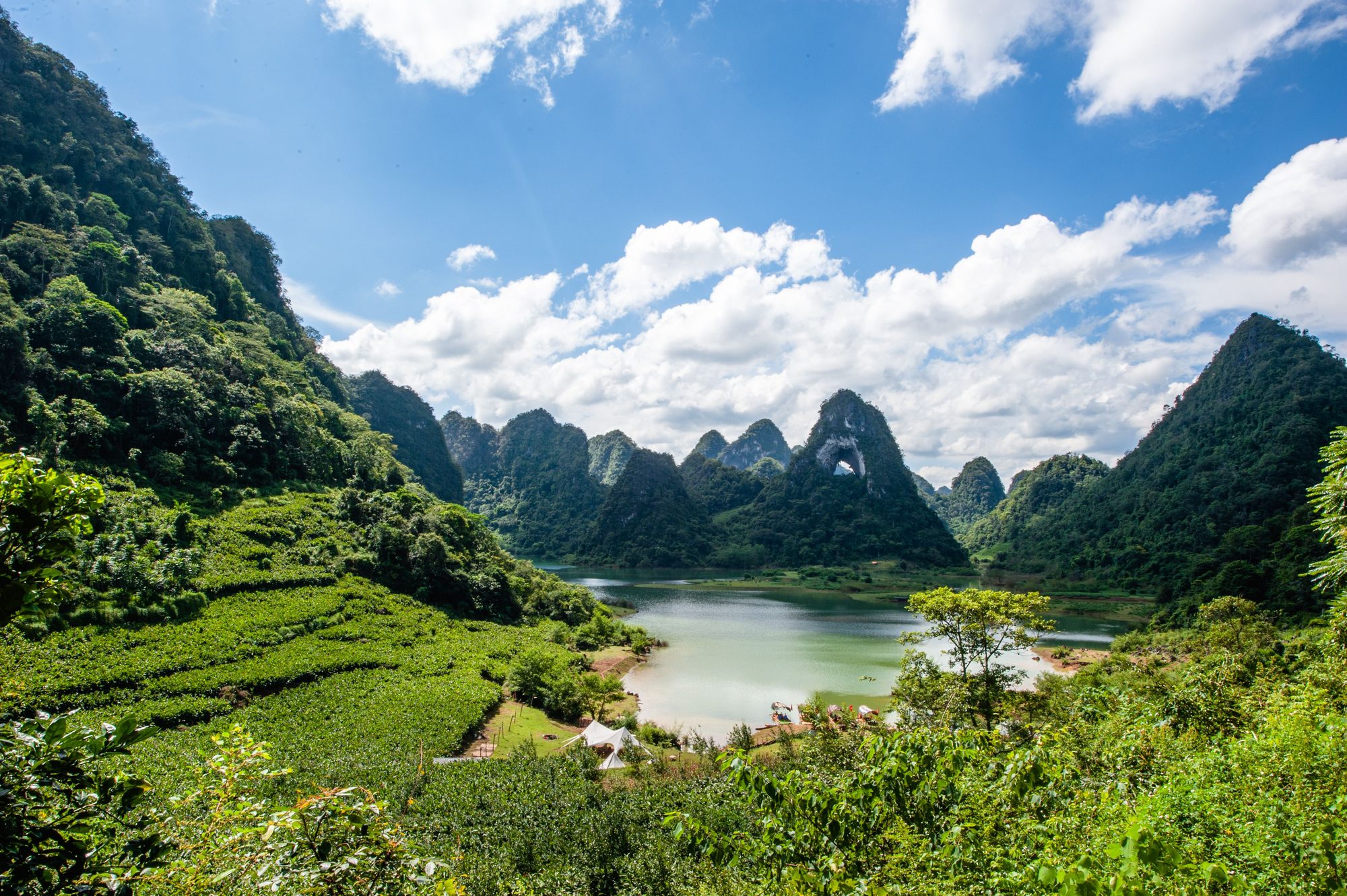 Limestone karsts and lush greenery surrounding a tranquil lake under blue skies in Vietnam